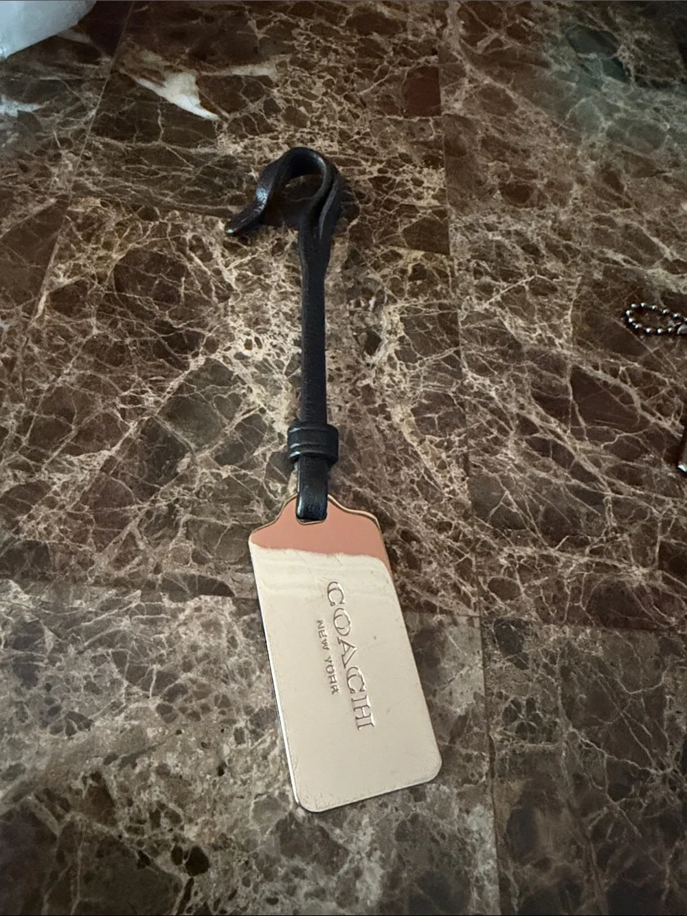 Coach Silver Metal Logo Tag with Black Leather Strap